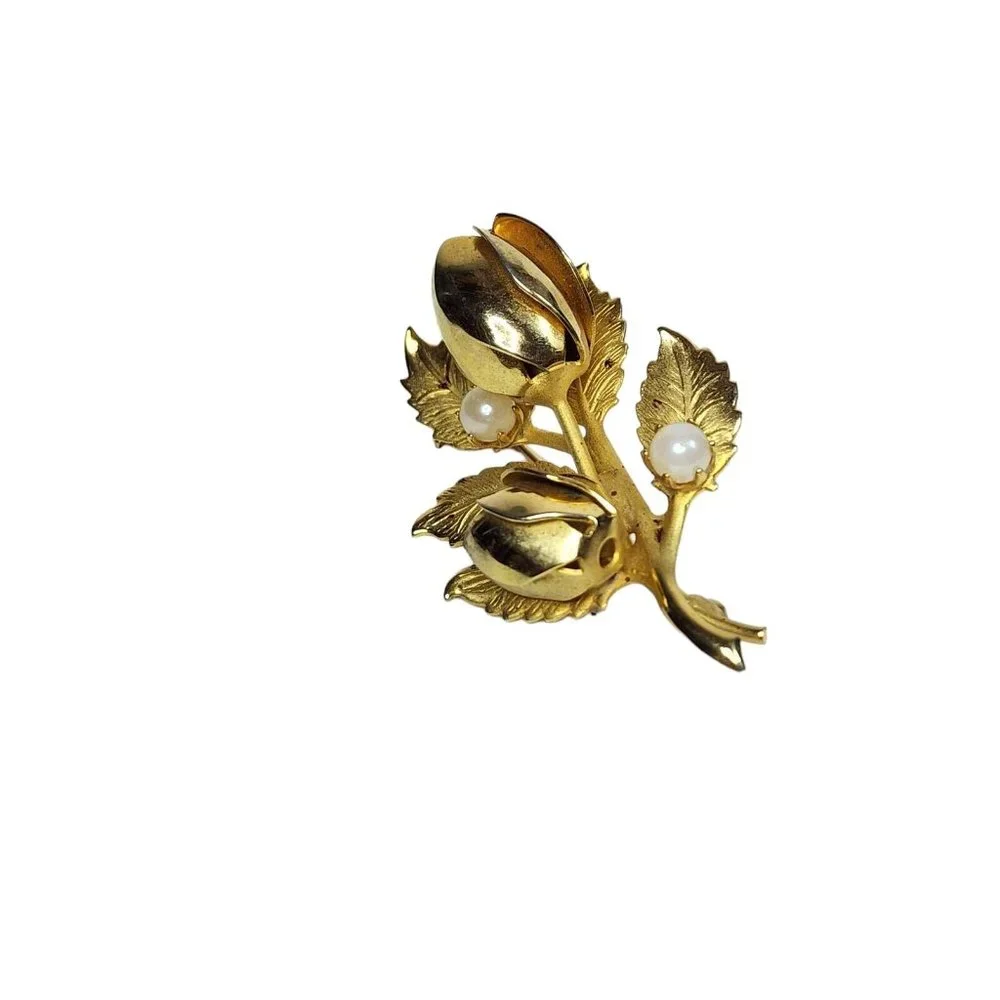 Vintage Gold Tone Roses Faux‎ Pearl Brooch Pin
